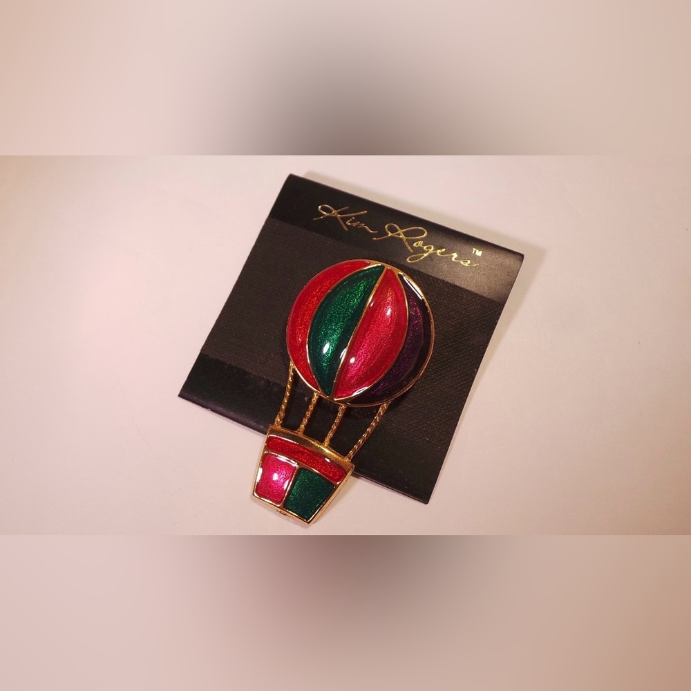 Kim Rogers Vintage Hot Air Balloon Gold Tone Brooch With Red, Purple, & Green.